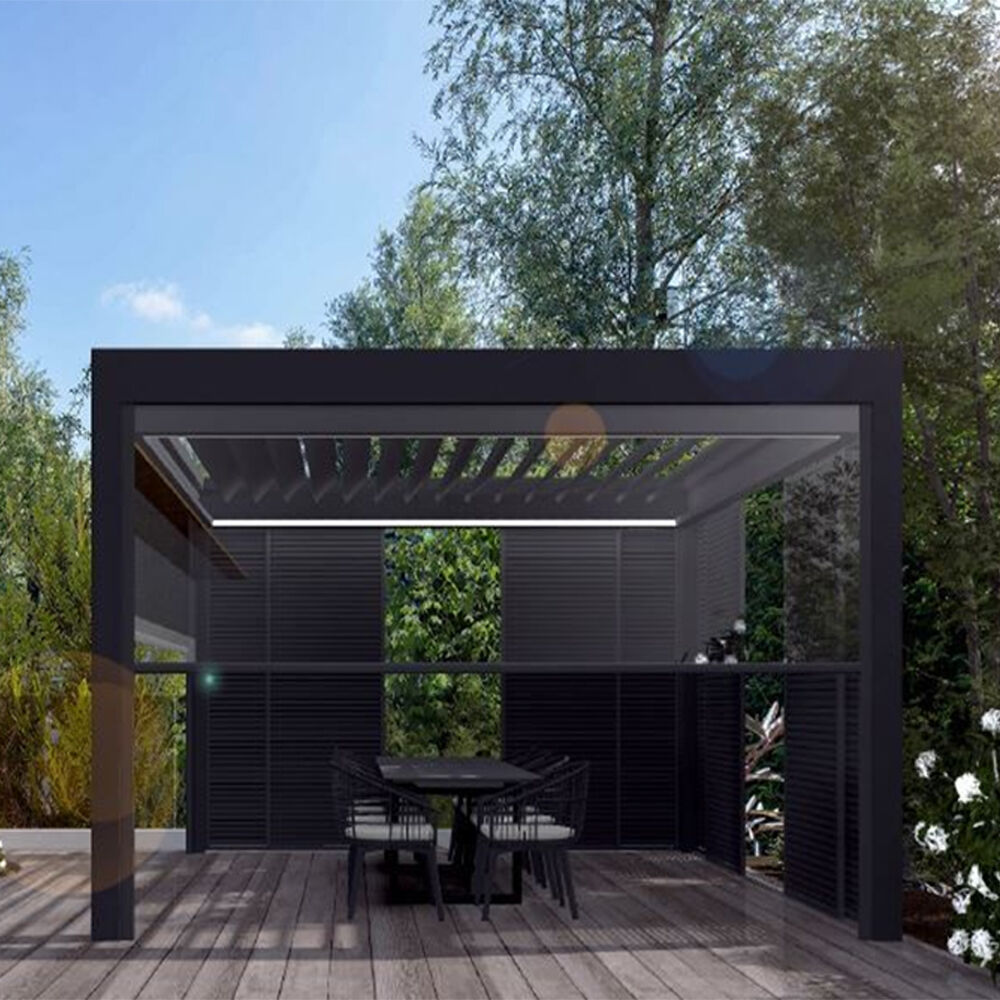 Pérgola bioclimática de vidro de luxo para invernadoiro con marco recuberto con pó e accesorio LED, pantalla opcional para xardín traseiro á modo de pérgola