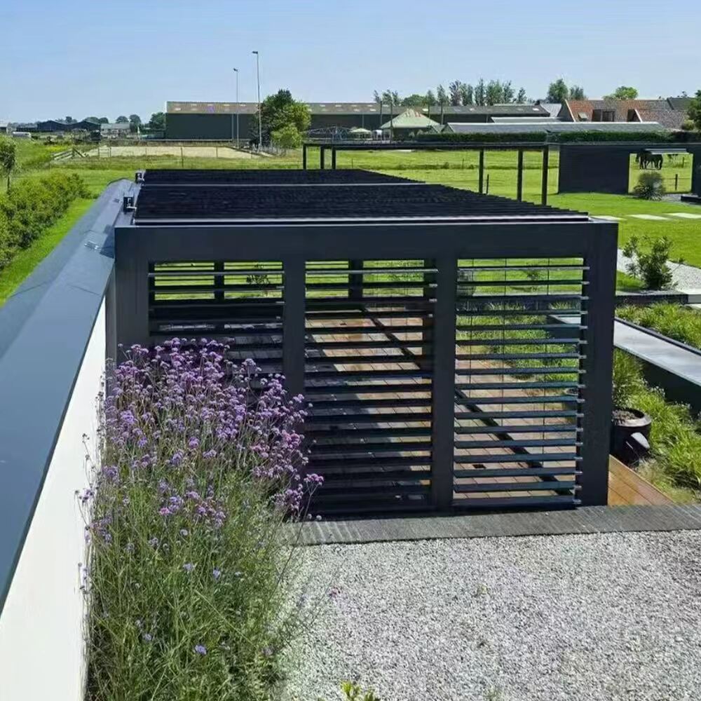 Aluminum Luxury Pergola with Motorized Roof and Sun Shade for Patio Garden Deck with Shutters and Roller Blinds