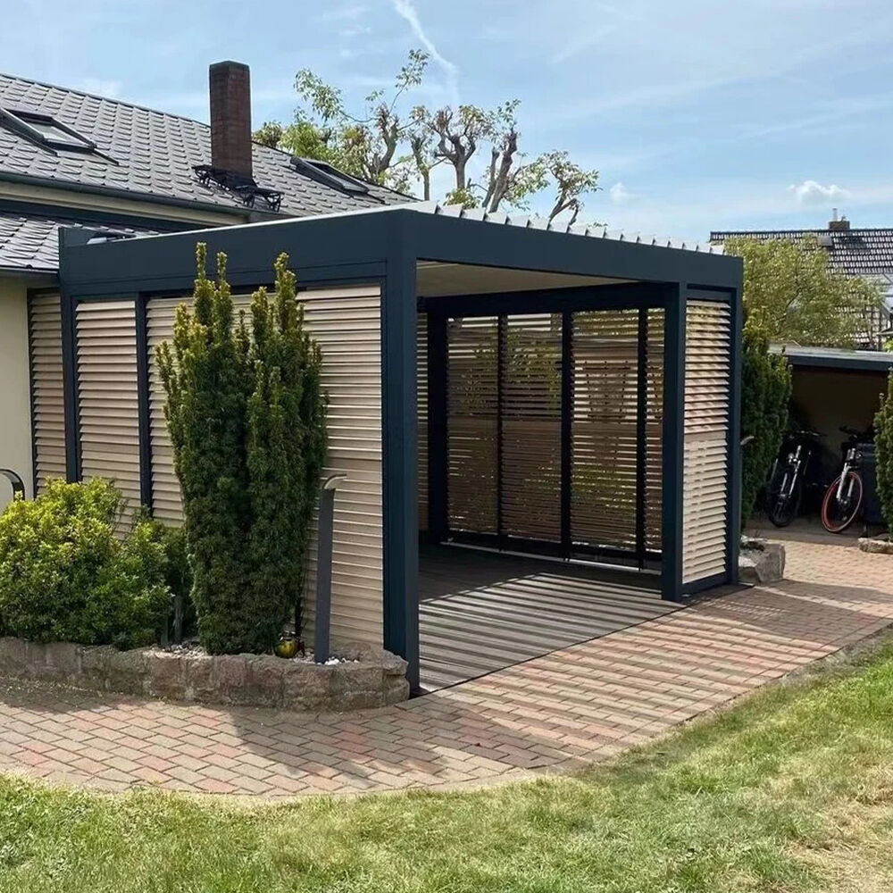 Aluminum Luxury Pergola with Motorized Roof and Sun Shade for Patio Garden Deck with Shutters and Roller Blinds