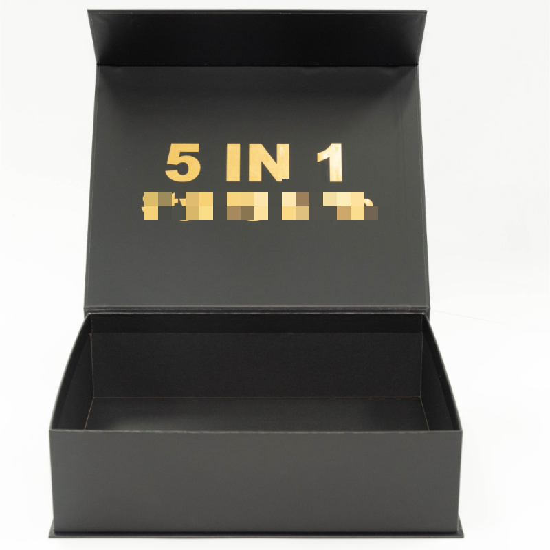 A high-end  black magnetic book-style box with hot stamping
