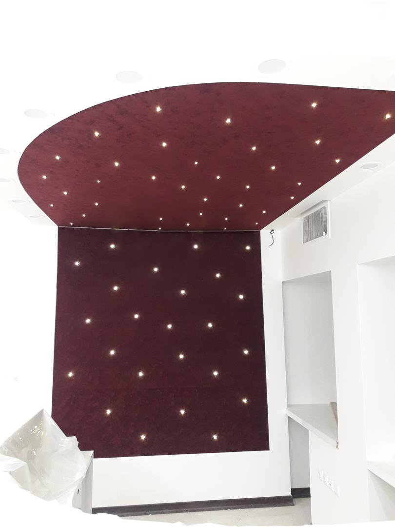 Suede finish PVC stretch ceiling membrane, fire resistant, flexible, seamless installation, custom size for indoor decor.