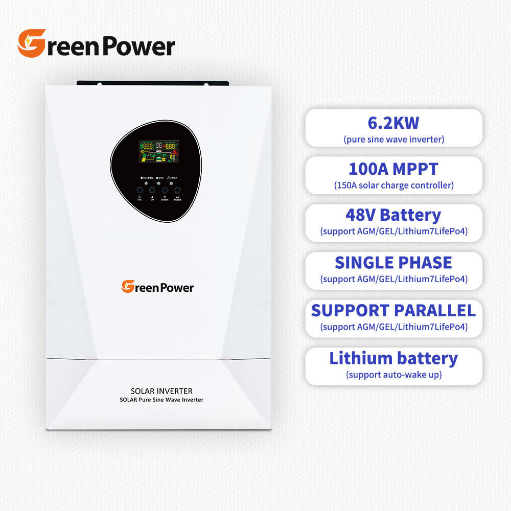 GreenPower 6.2KW MPPT Solar Inverter 6.2KW Dual Output DC AC on Off Grid Power Inverter Home Solar System Hybrid Inverter
