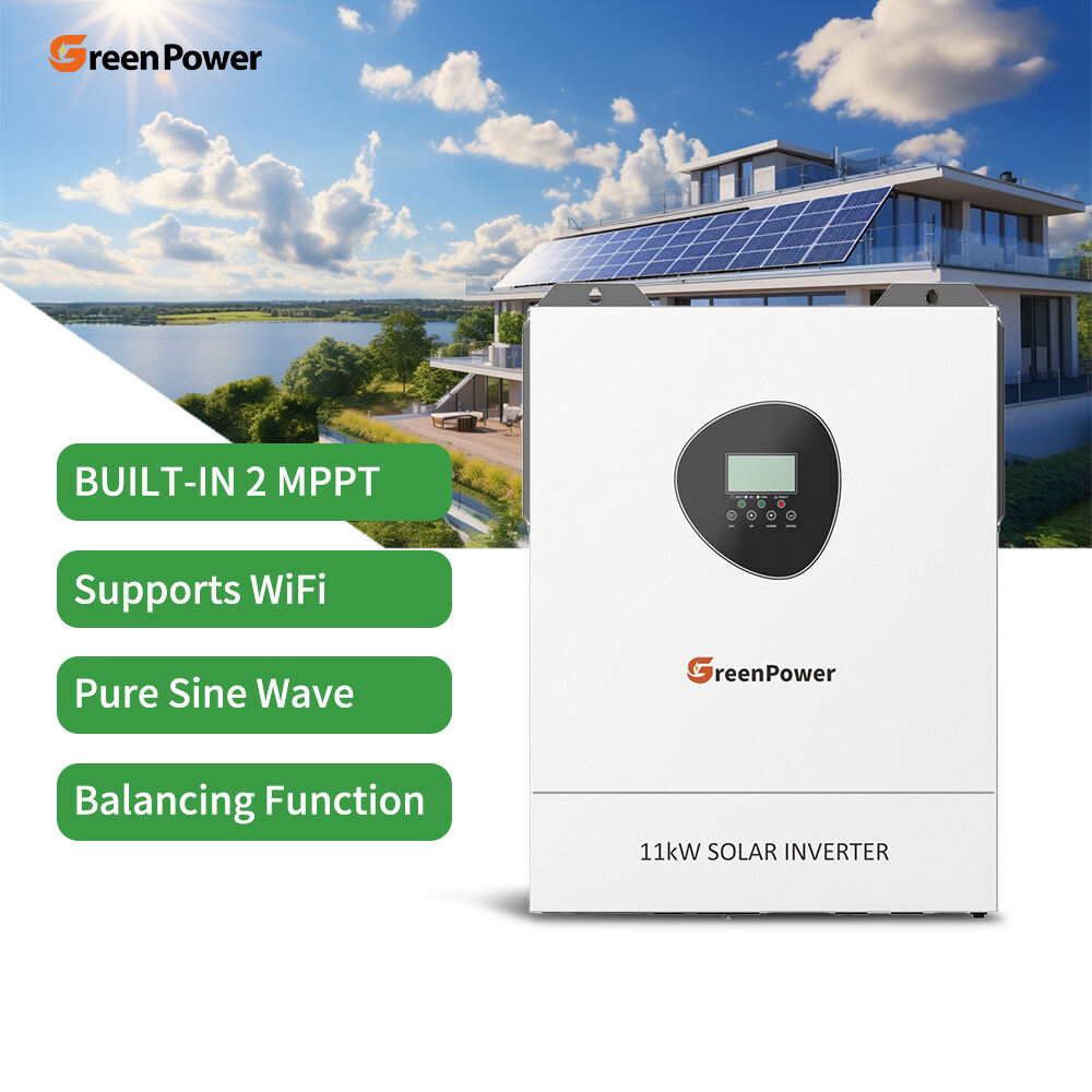 Inverter Hibrid Solar 11KW 48VDC 220VAC GreenPower OEM ODM Gelombang Sinus Murni Pengawal MPPT Terbina dalam Pengecas Inverter Frekuensi Tinggi WIFI