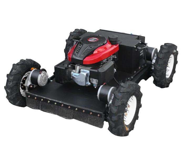 How does a tracked lawn mower provide better traction than wheeled models on muddy ground?