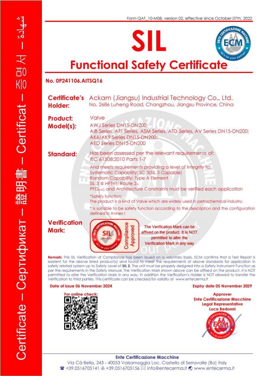 SIL Valve Functional Safety Certificate