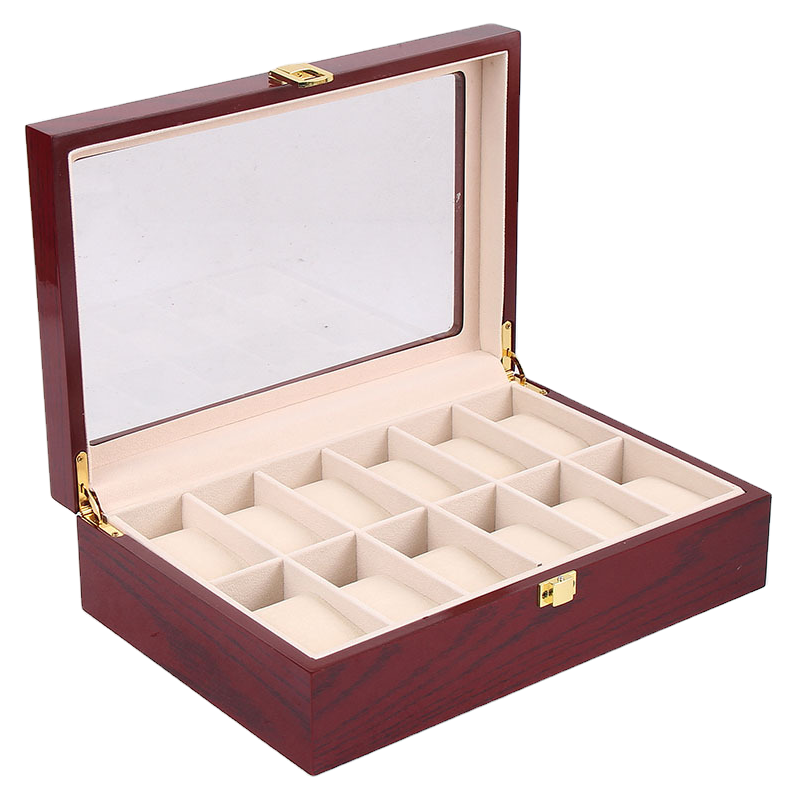 12-टुकड़ों वाला लकड़ी का लाल लैकर किया गया घड़ी और आभूषण बॉक्स पैकेजिंग बॉक्स