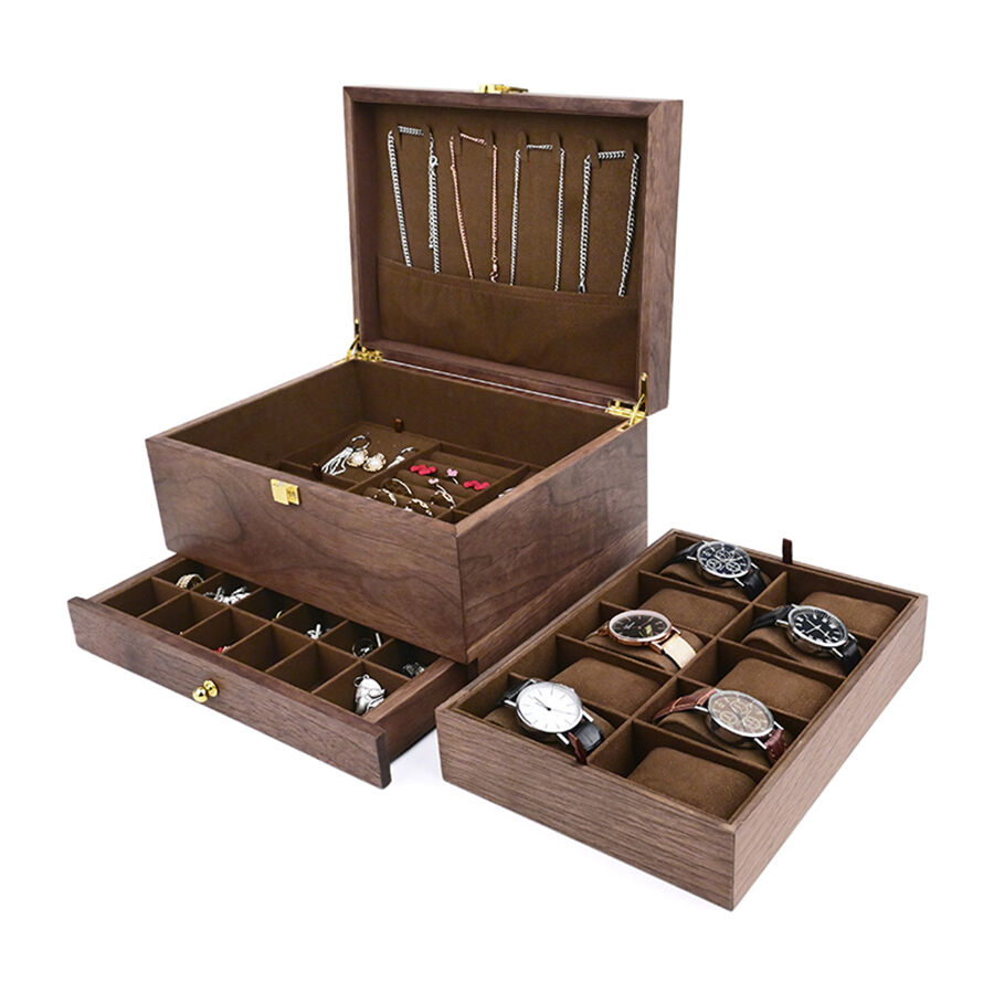 विंटेज लकड़ी के ईयरिंग, गहनों का संग्रह बॉक्स, नेकलेस और घड़ी प्रदर्शन बॉक्स, शानदार गहना भंडारण बॉक्स