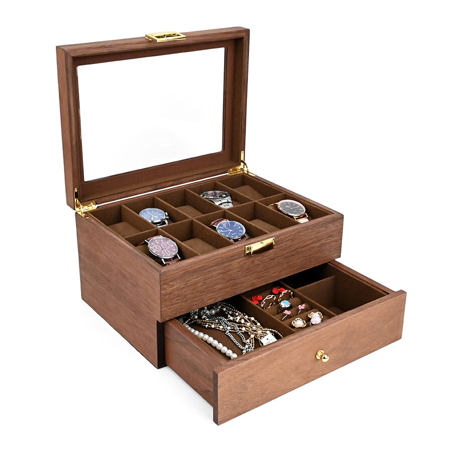 दोहरी परत वाला घड़ी और गहने का बॉक्स, विंटेज लकड़ी का शादी की अंगूठी और कंगन संग्रह बॉक्स, डेस्कटॉप ड्रॉअर स्टोरेज बॉक्स