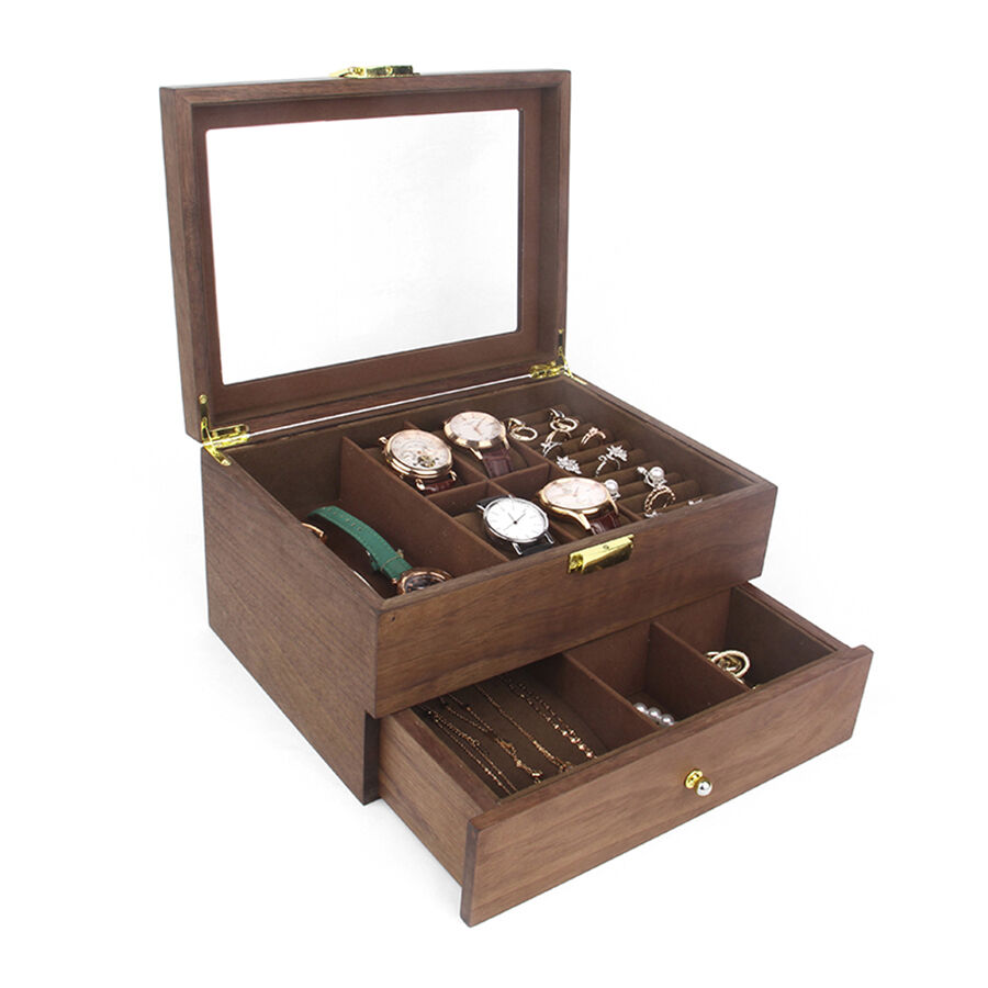 बड़ी क्षमता वाला दोहरा परत वाला गहने का डिब्बा, जिसमें कान के गहने, हार और अन्य गहने प्रदर्शित किए जा सकते हैं।