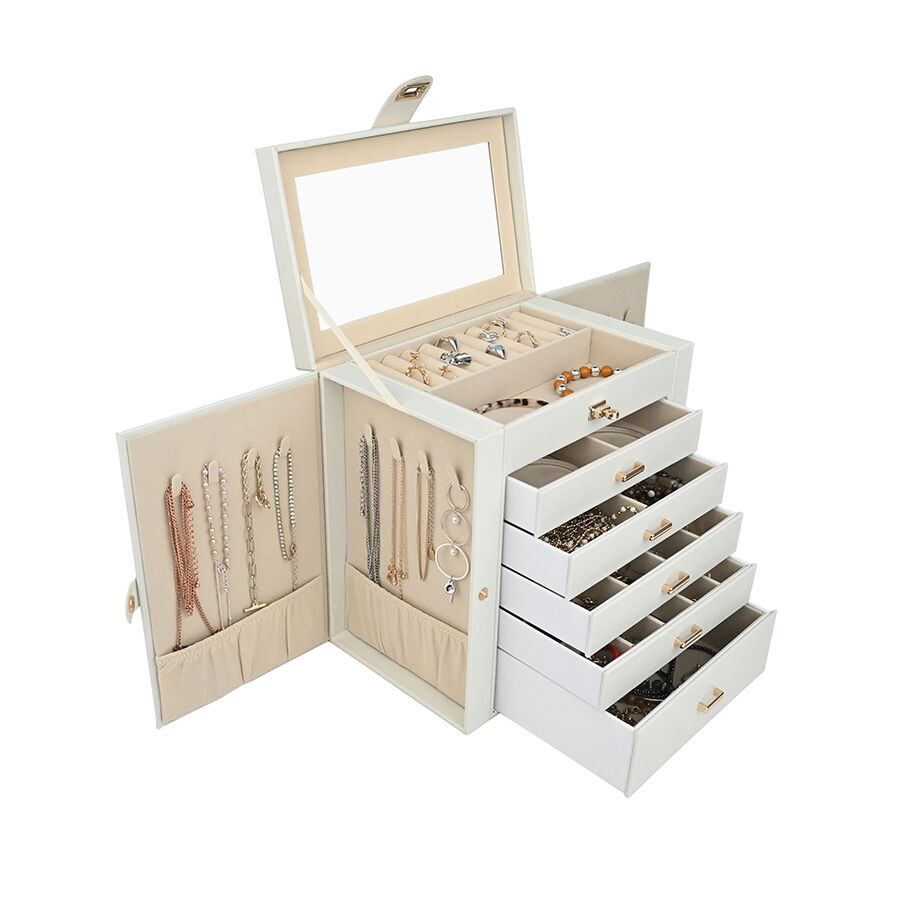 बड़ी क्षमता वाली छह-स्तरीय चमड़े की गहने की अंगूठी और हार की पेटी