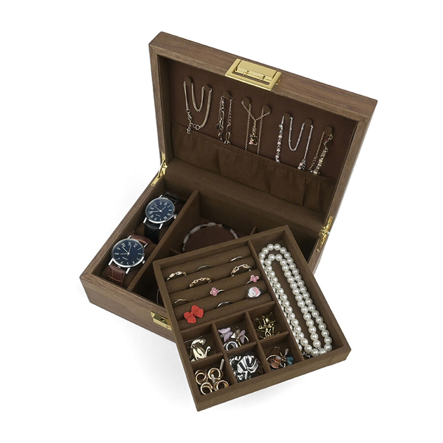 उच्च-स्तरीय, हल्की लक्ज़री वाला लकड़ी का भंडारण बॉक्स जिसमें गहनों, हार और अंगूठियों के लिए ताला लगा होता है