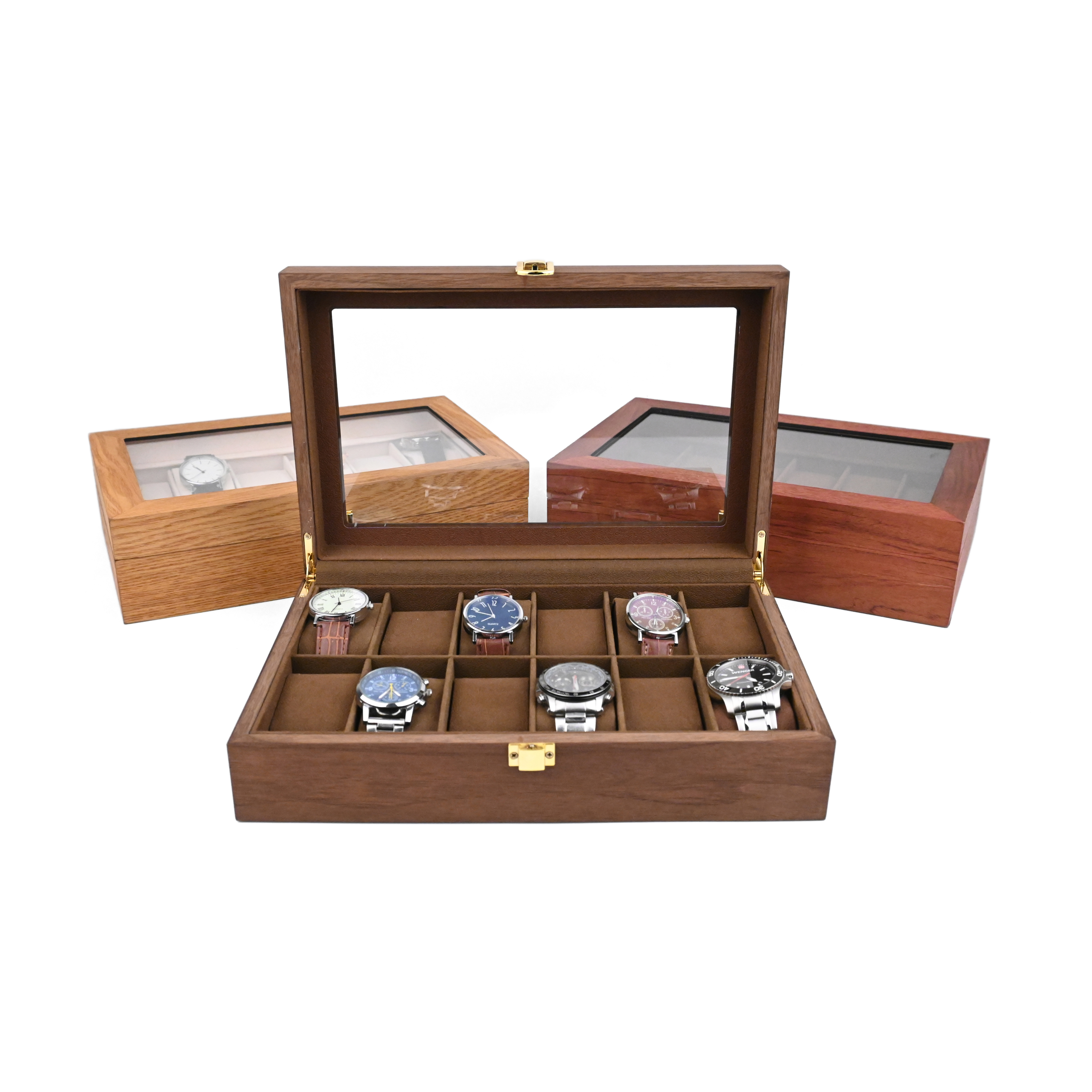 रेट्रो 12-पीस घड़ी का बॉक्स, वालनट लकड़ी के वीनियर का घड़ी का बॉक्स, भंडारण बॉक्स, उच्च-गुणवत्ता वाला लकड़ी का घड़ी पैकेजिंग बॉक्स
