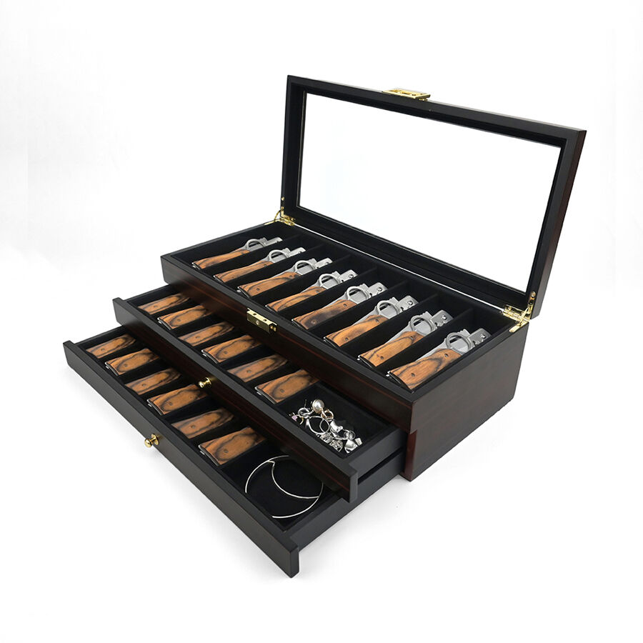 Treskikts träförvaringslåda med lås, lackerad svartträsläde, transparent fönster, dammskyddande utställningslåda för militär kniv, soppkedja och hårklippare.