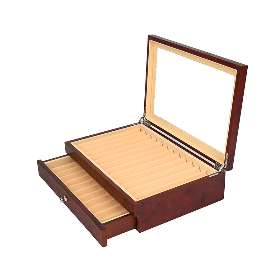 दो-स्तरीय लैकर किए गए लकड़ी के 23-पेन पेन केस के साथ खिड़कीदार पारदर्शी कांच का पेन भंडारण बॉक्स
