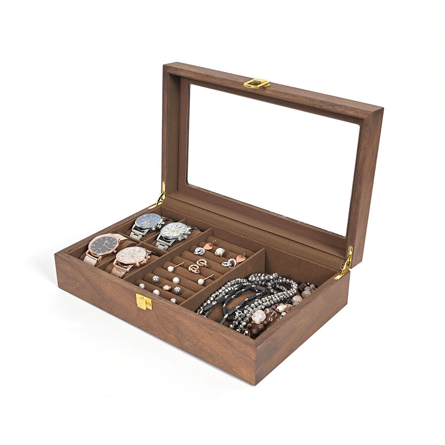 नया चीनी शैली का लकड़ी का घड़ी और गहने का बॉक्स, अंगूठी और कान के गहने का पैकेजिंग बॉक्स, पारदर्शी गहने का बॉक्स।