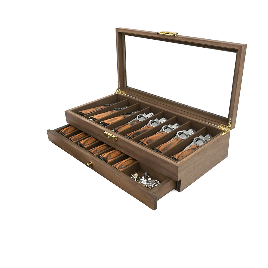 Retro dubbellagrad trädlåda för dammsäker förvaring och utställning av skop, svitserkniv och hårklippare, med lås