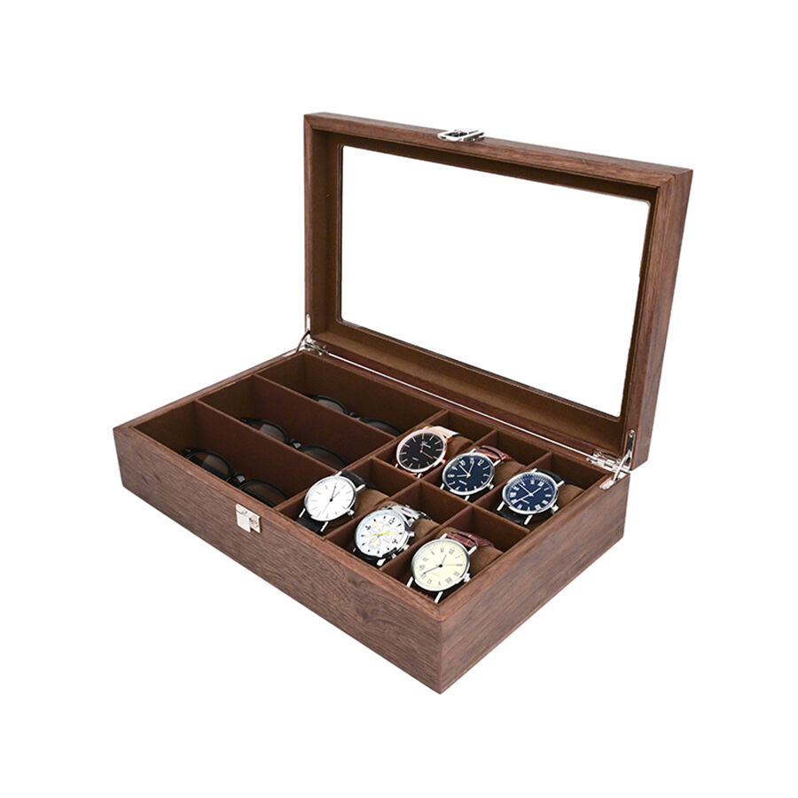 6+3 उच्च-स्तरीय लकड़ी का फ्लिप घड़ी और चश्मा भंडारण बॉक्स