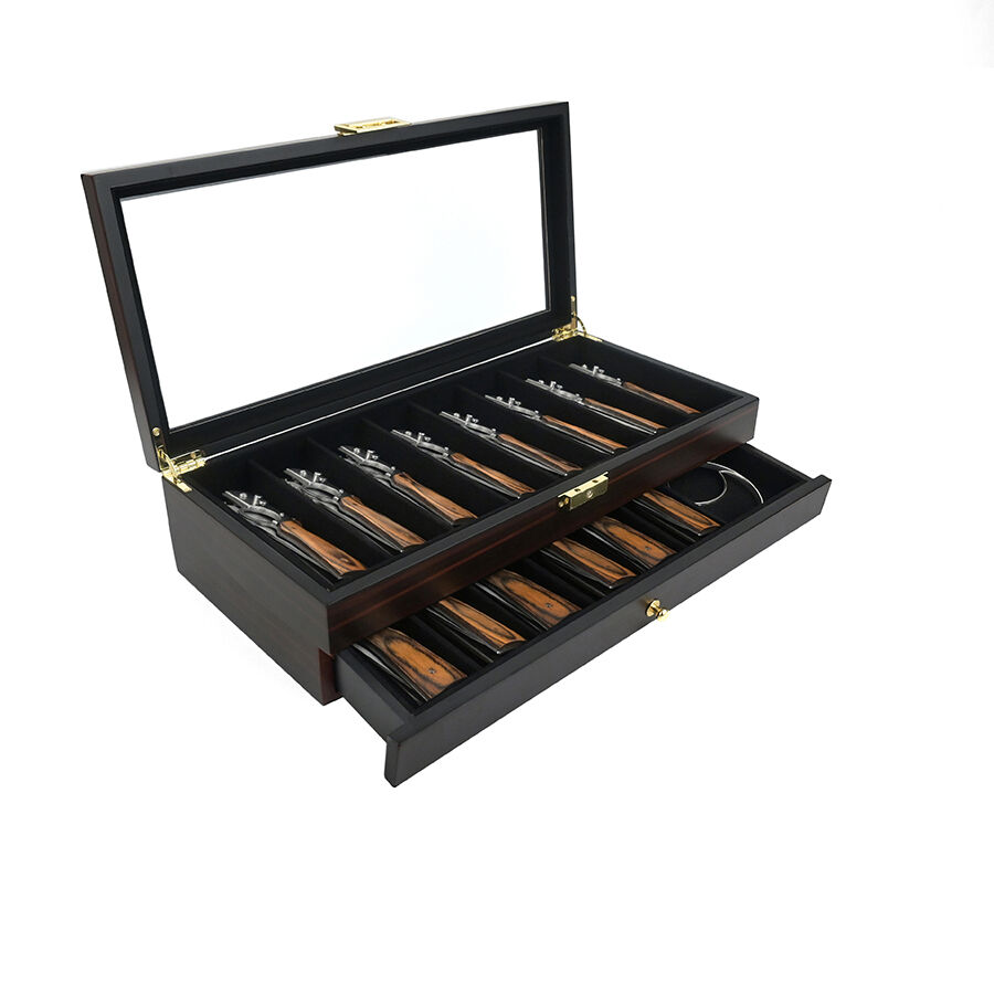 Förvaringslåda i ebonyträ med lås, tvålagers genomskinlig takfönster, dammskyddslåda för militärkniv, soppsked och frisörklippare.