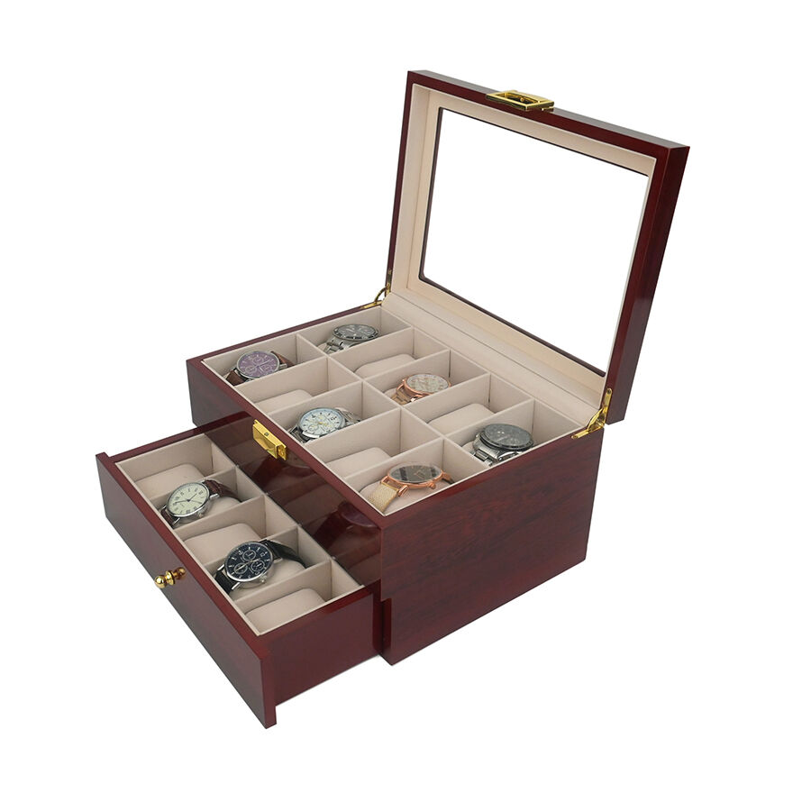 20-स्लॉट वाला उच्च-स्तरीय फ्लिप-टॉप लैकर लकड़ी का घड़ी बॉक्स, धूलरोधी गहने भंडारण बॉक्स