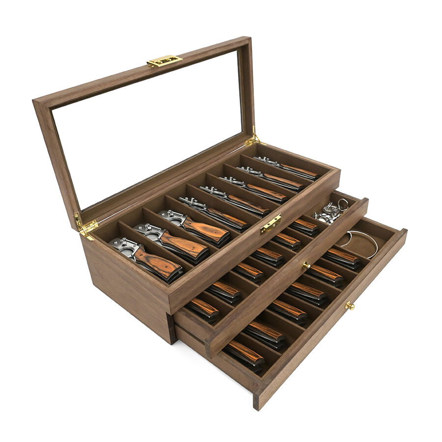 Trelagers träknivförvaringslåda med genomskinligt takfönster, dammskydd och låsbar design; utställningslåda för soppskedar och frisörer.