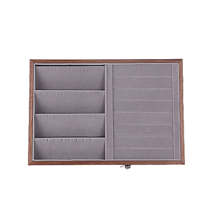 Lagerförd trävintageklocka, ring, halsband, armband och skåldisplay för smycken