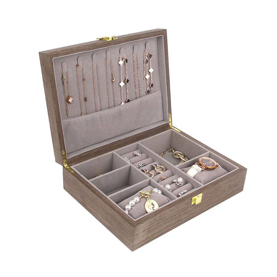 फ्लिप-टॉप 3+7 लकड़ी का घड़ी और गहने का बॉक्स, हार और एक्सेसरी भंडारण बॉक्स