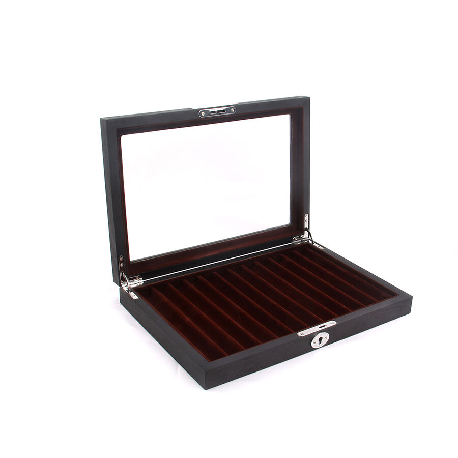 स्टॉक में उपलब्ध: ड्रॉअर-शैली का लकड़ी का फाउंटेन पेन बॉक्स, भूरे रंग के आंतरिक भाग और काले एबोनी लकड़ी के धागे के साथ।