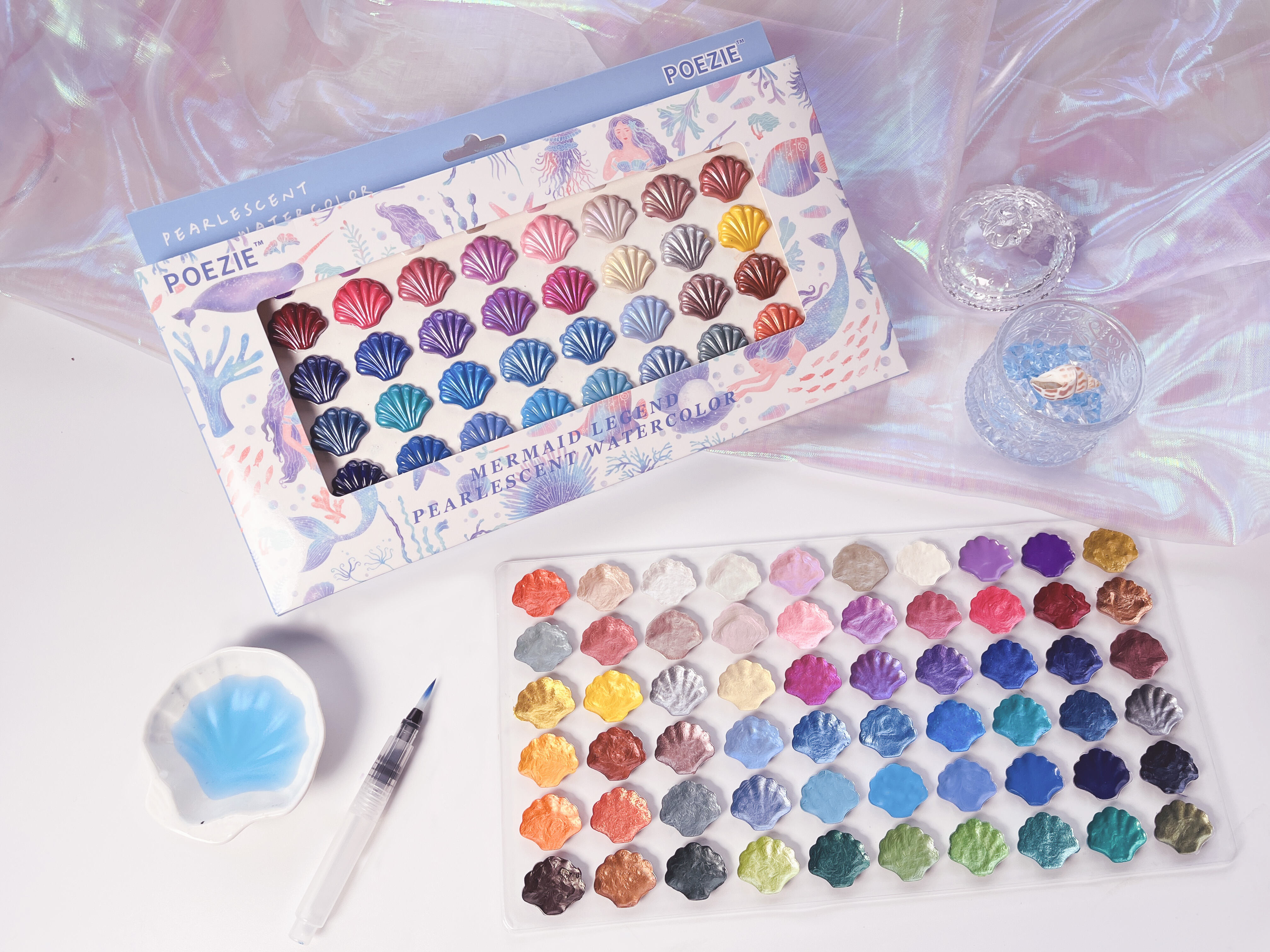 Poezie Artist-Grade Shimmering Watercolor Palette – Mermaid Legend Edition (60 Colors)