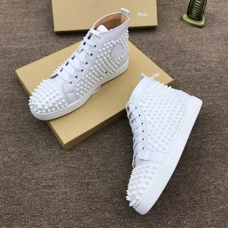 Luxury high quality casual shoes men's high top rivet studs fashion style footwear leather red bottom shoes for unisex