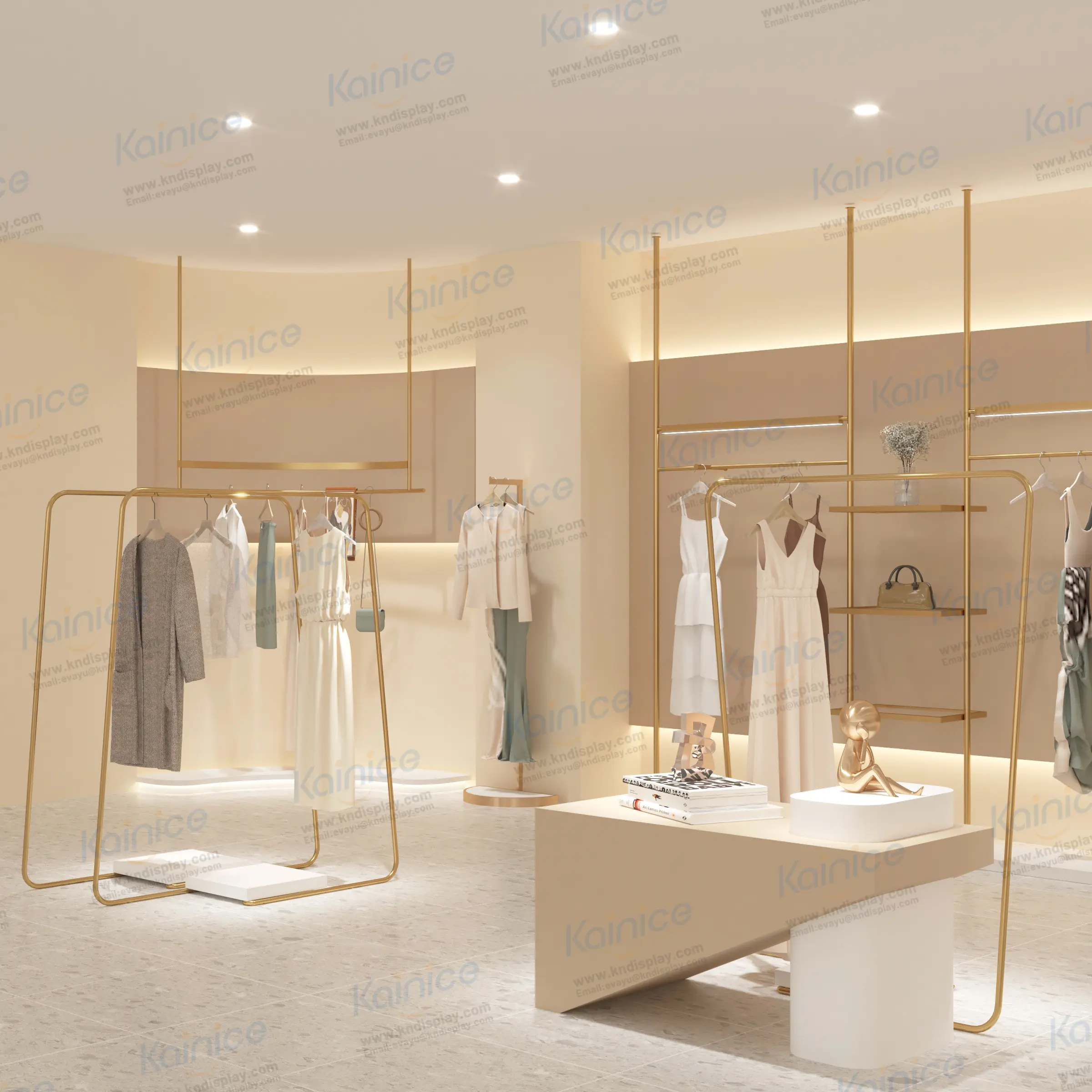 Estantes colgantes para exhibición de prendas de la tienda de ropa Kainice