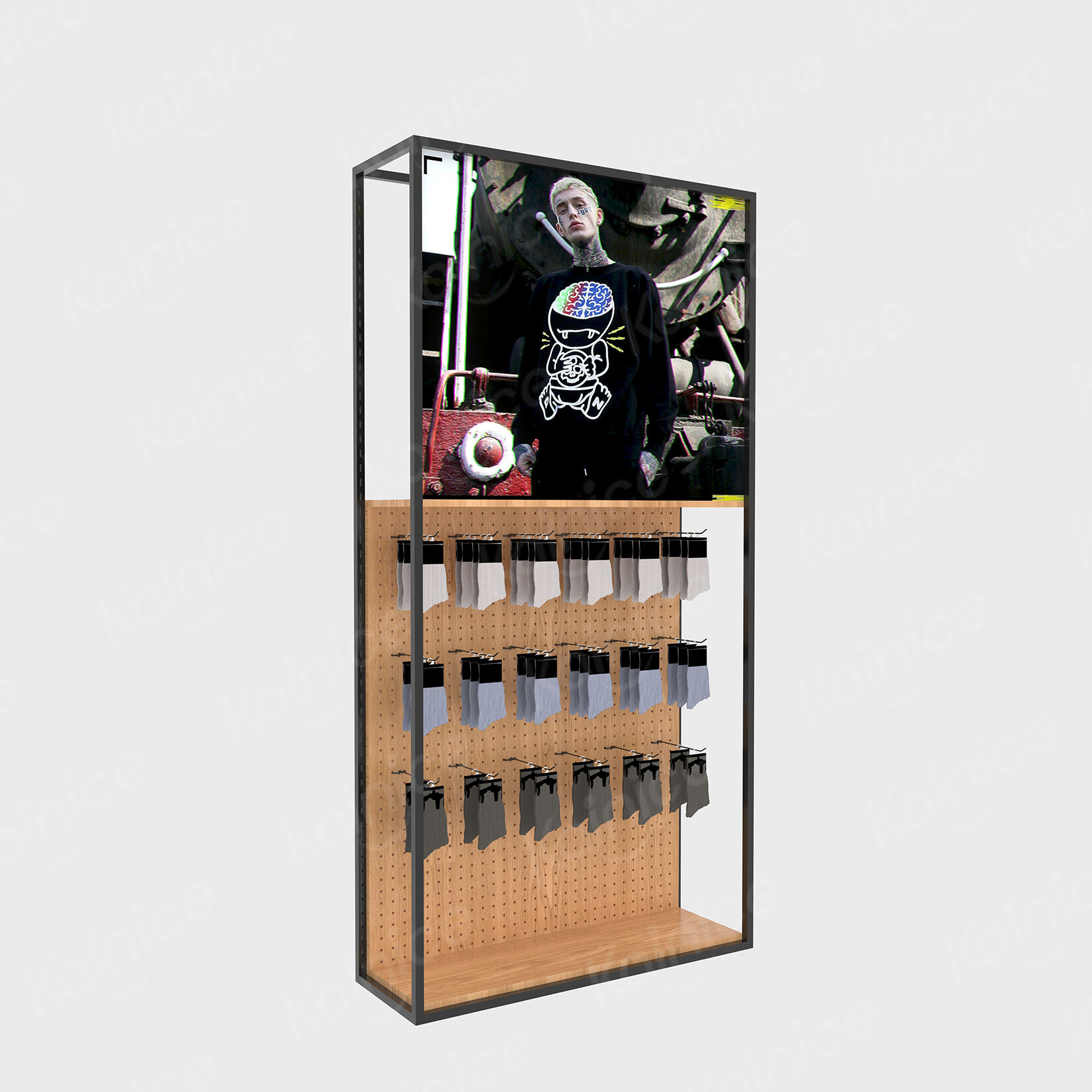 Kainice Men Clothes Store Metal Sock Display Rack with Wooden Pegboard and Hooks