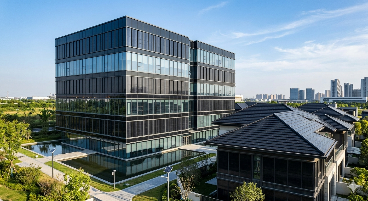 Modern building facade with integrated BIPV glass curtain wall