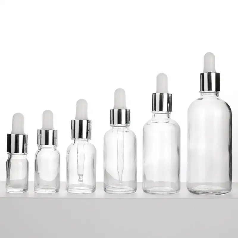 Custom Clear Skincare Serum Glass Dropper Bottle with Slivery Dropper