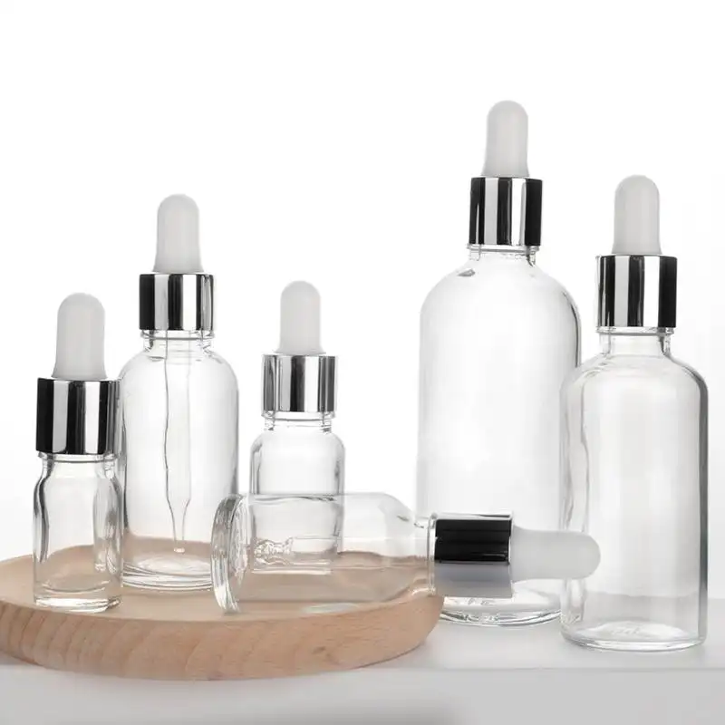 Custom Clear Skincare Serum Glass Dropper Bottle with Slivery Dropper