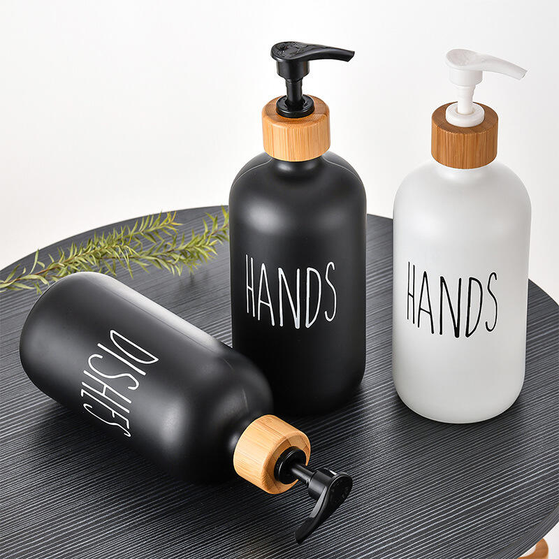 New arrival 16 Oz 2pcs set 500ml Glass Pump Bottles Liquid Soap Lotion Bottle With Bamboo Wood Base