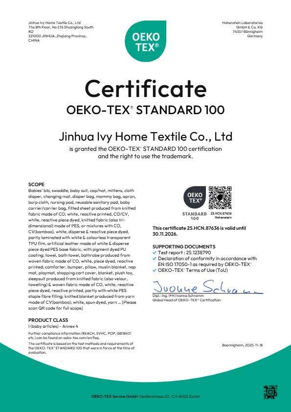 Safety First, Care Always – Ivy Textile Achieves OEKO-TEX® STANDARD 100 Certification (Class 1 for Baby Products)