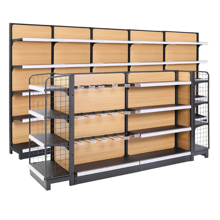 Customization Single/double Sided Steel Wood Supermarket Gondola Display Shelving