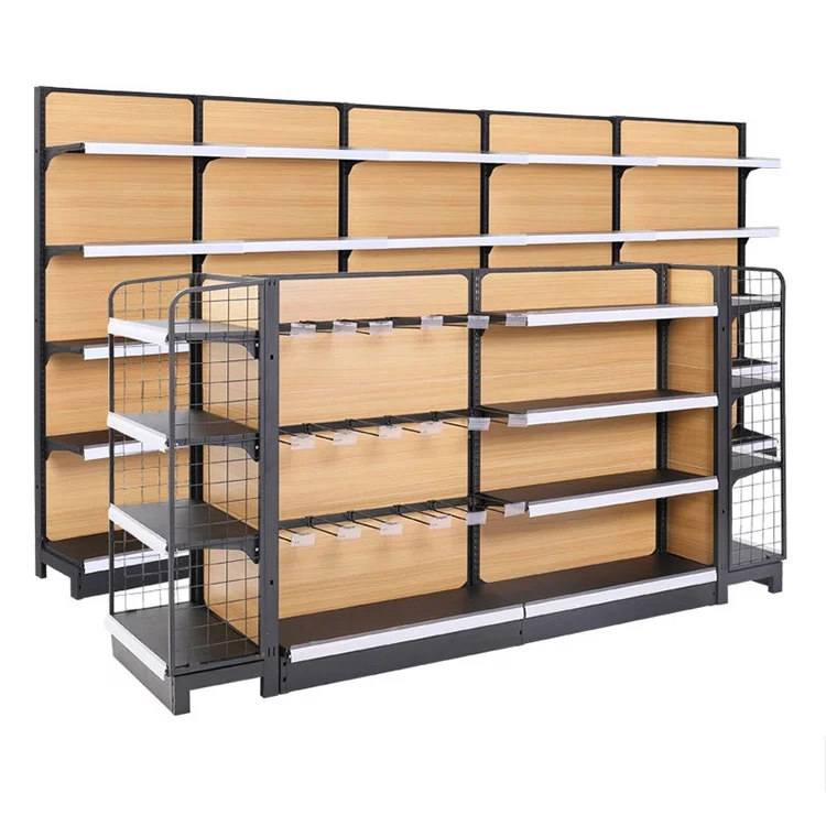 Customization Single/double Sided Steel Wood Supermarket Gondola Display Shelving factory