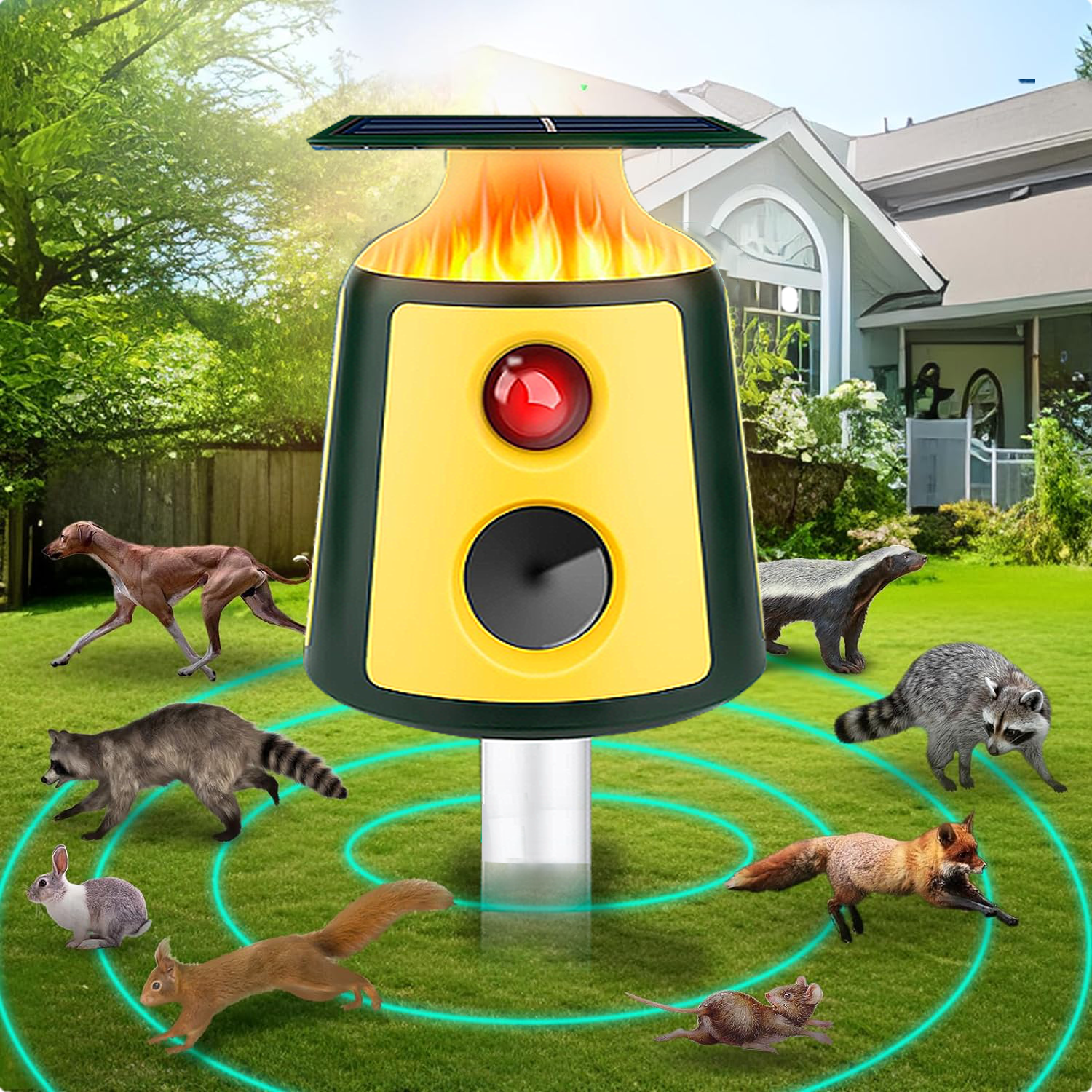 New Upgraded Solar Animal Repeller with Flame Lights for Garden Farm Coyote Raccoon dog cat Monkey bird Deterrent Flash Light