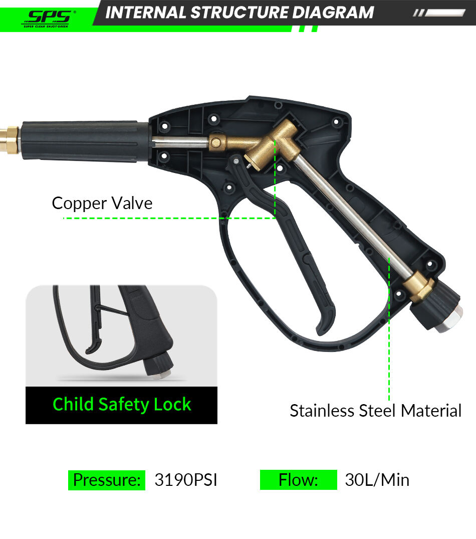 sps 3190psi stainless steel high pressure spraying gun with copper valve high pressure washing gun with anti tangle gun tail for car washing oem odm -3