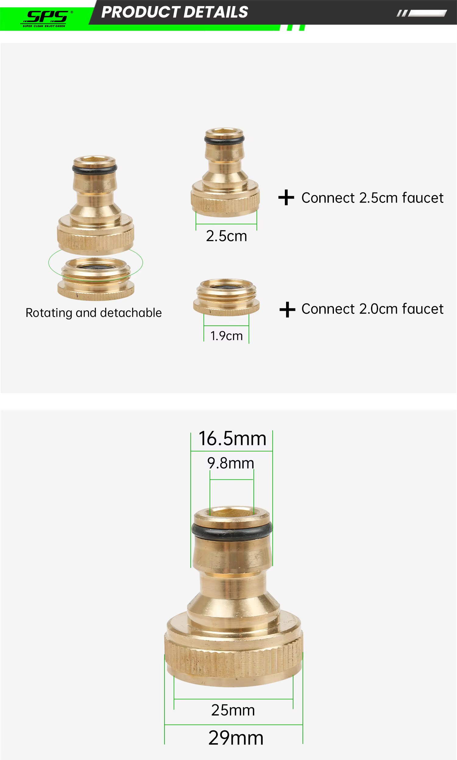 SPS Pure Brass Detachable Double Head Connection Four British Cents Six British Cents Water Hose Joint Kit details