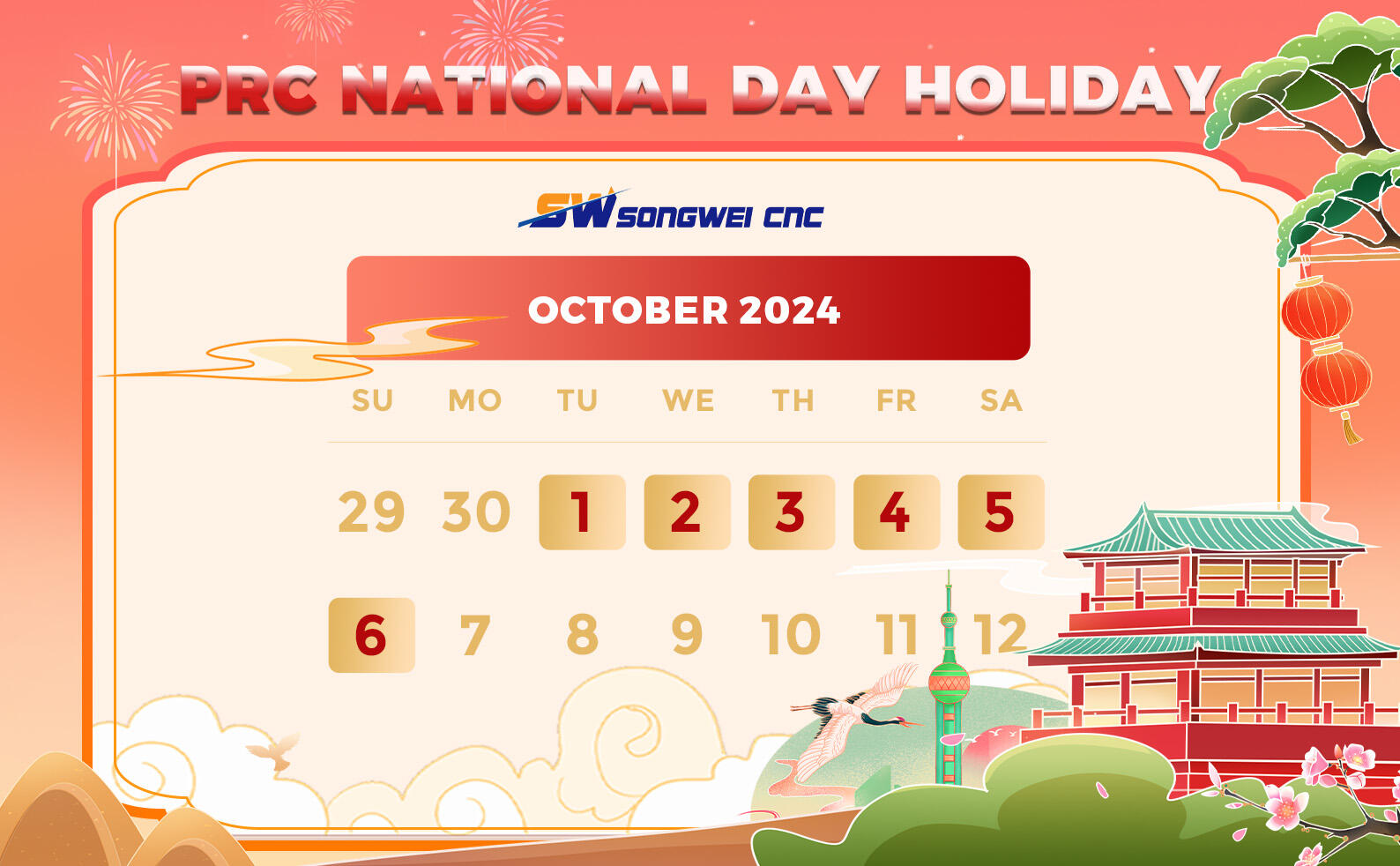 We Are Holiday from Oct 1st to 6th - Songwei CNC