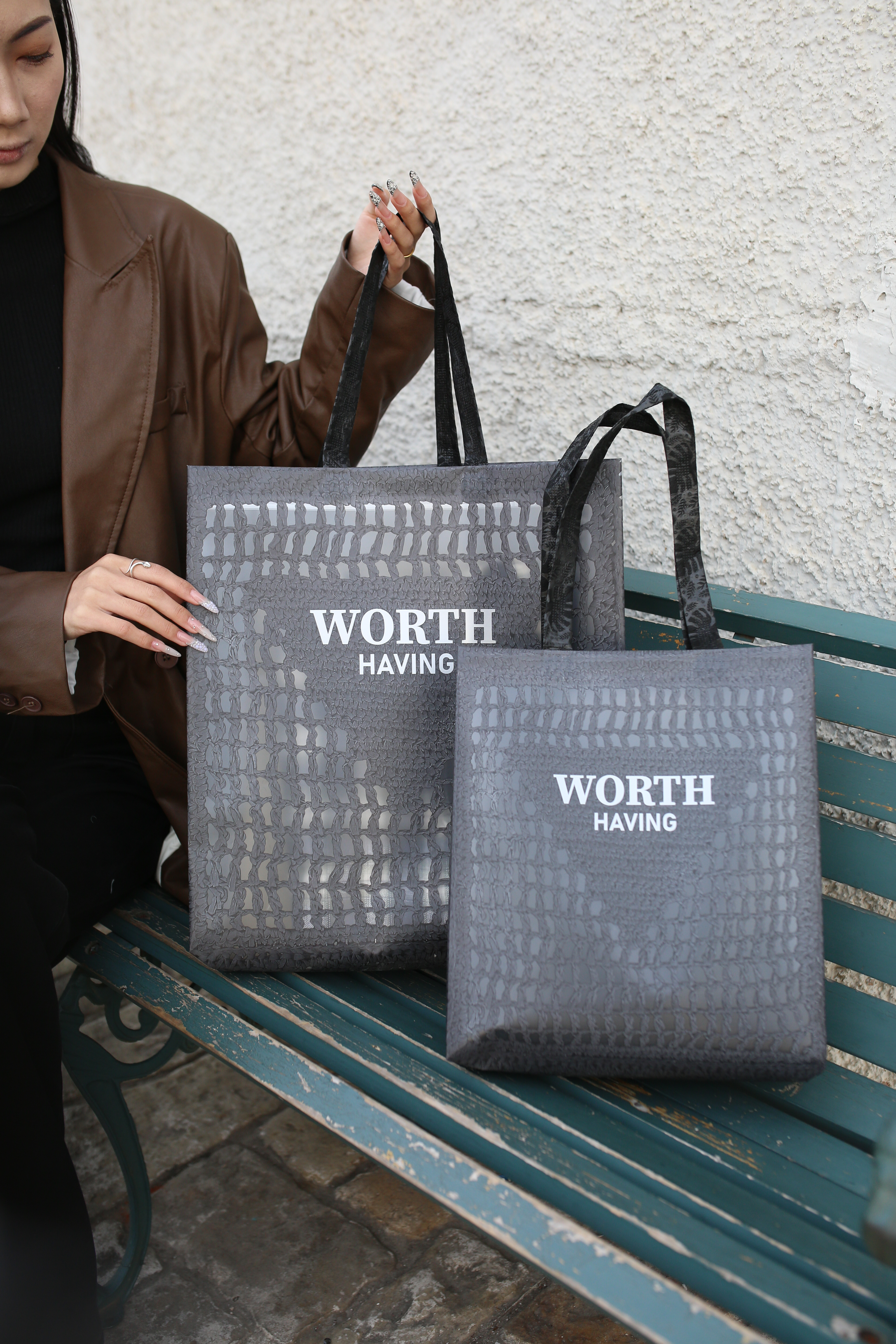 Plastic Shopping Tote Bag Grey Black With Belts