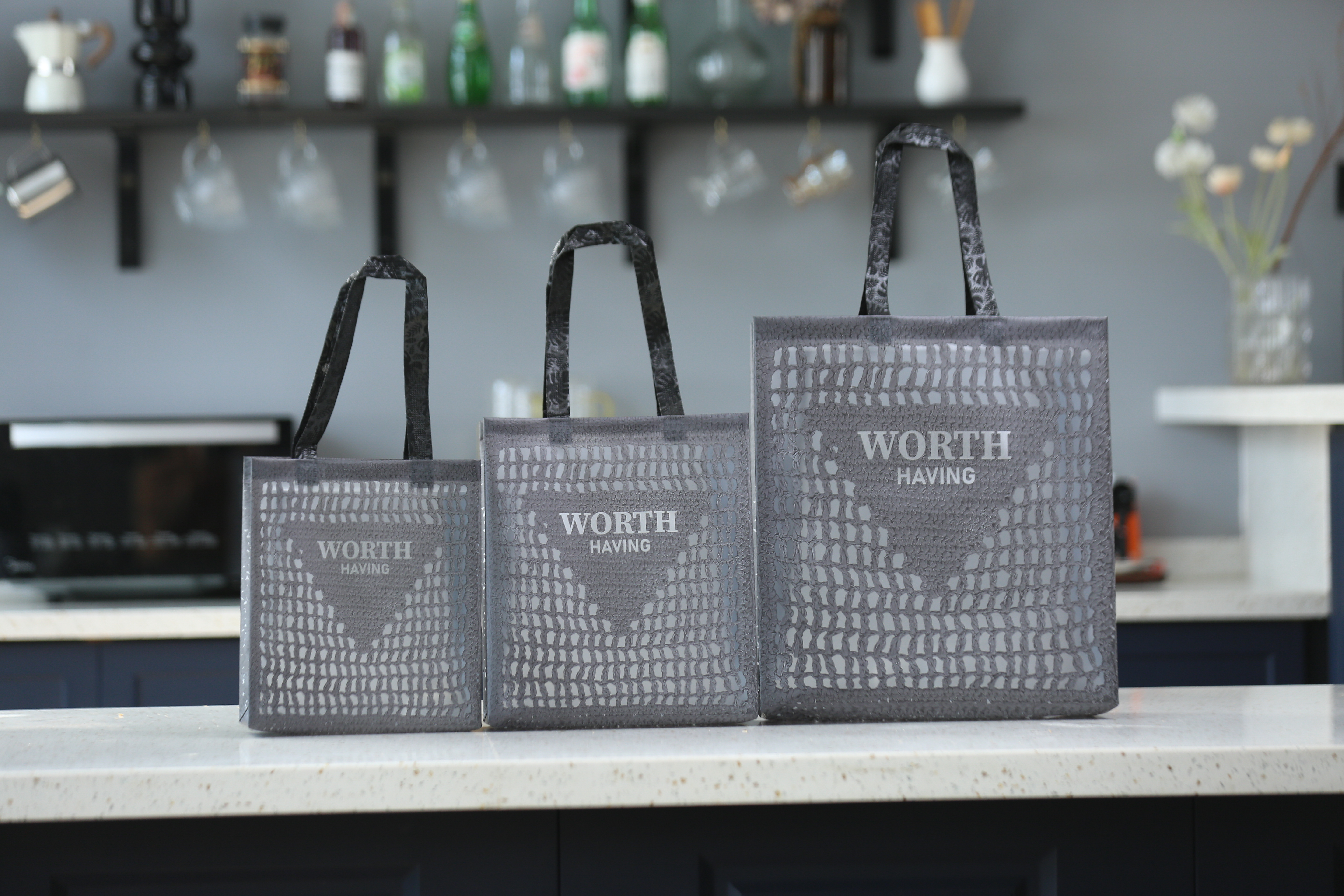 Plastic Shopping Tote Bag Grey Black With Belts
