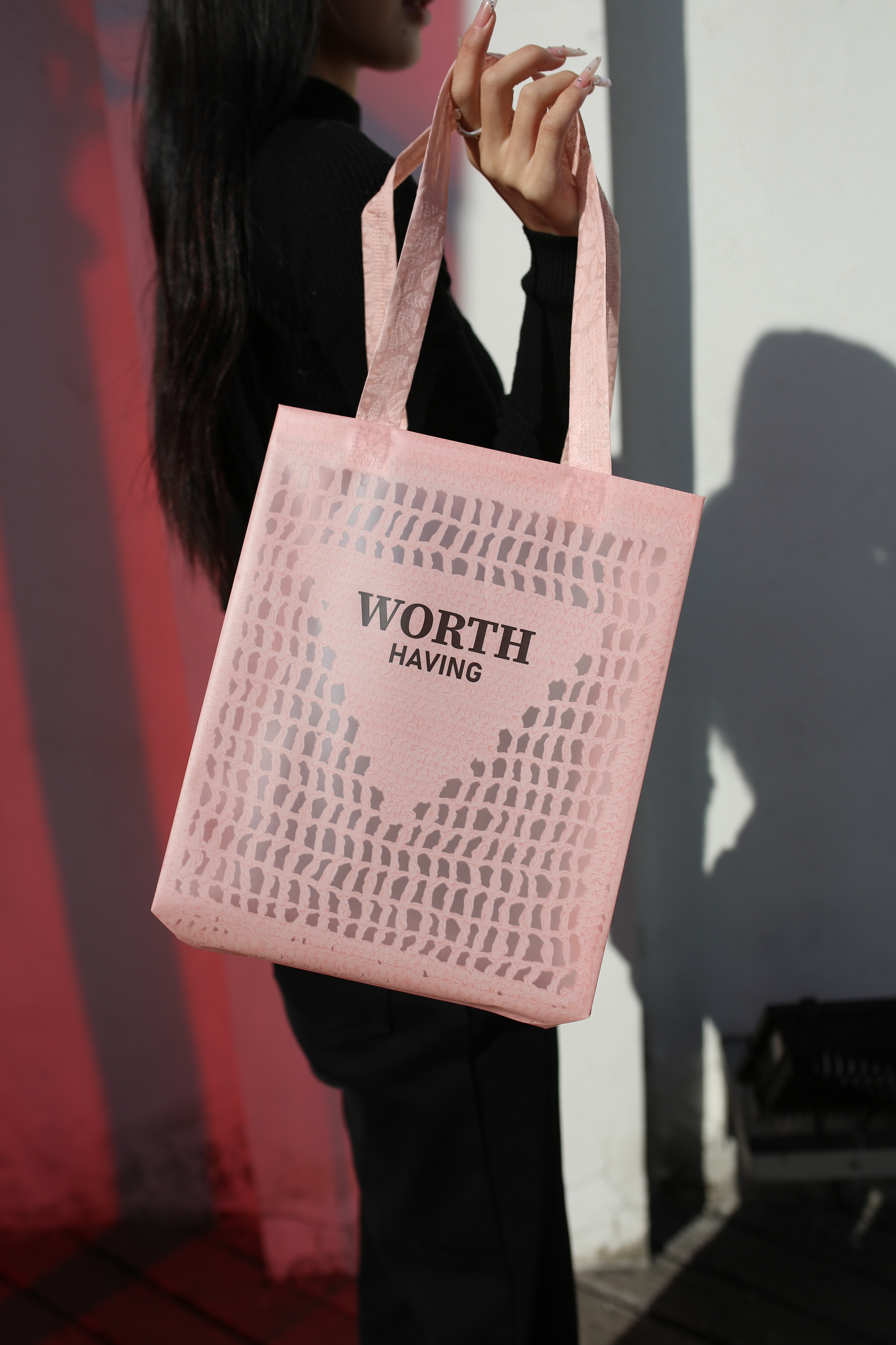 Plastic Shopping Tote Bag Pink With Belts