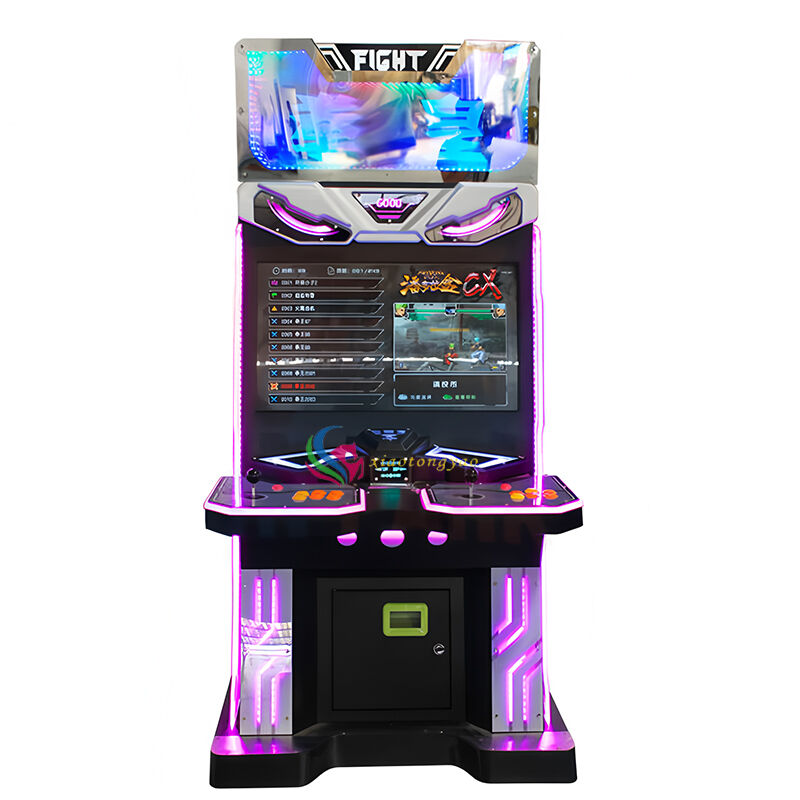 Futuristic two player fighting arcade, under neon lights, with powerful punches, unlocking new dimensions of fighting!