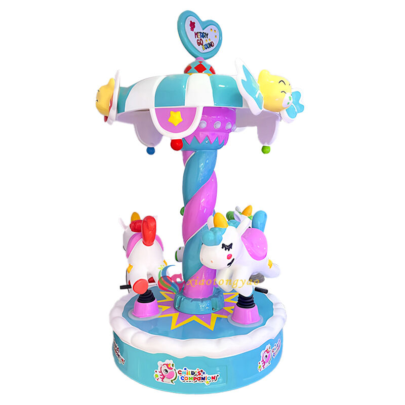 Unicorn Trio Mini Carousel Dreamy Fairy Tale Style, Three People Riding Together to Unlock Childhood Fun Time