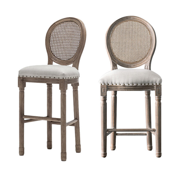 High Back Leather Bar Chairs Rattan Wood Metal Frame Counter Height Traditional Design for Home Kitchen Dining Outdoor