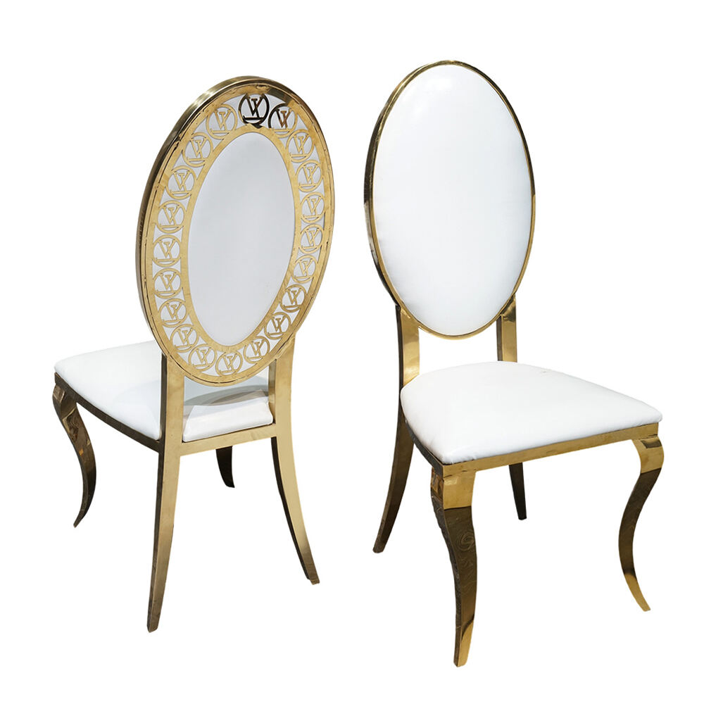 Hoge rug roestvrijstalen stoel, goud, wit, licht luxe voor hotels, restaurants, duurzame event- en bruiloftsmeubels