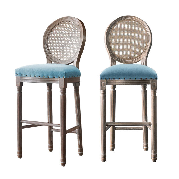 Antique Modern Solid Wood Bar Stool with High Wooden Leg for Home Kitchen Wedding Hotel Durable Rubber Wood Cotton Linen Rattan